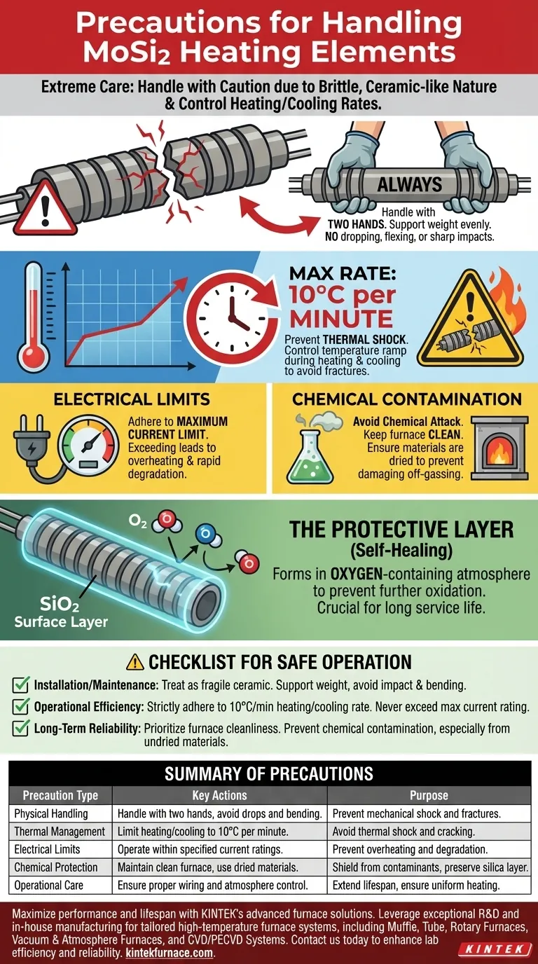 What precautions should be taken when handling MoSi2 heating elements? Ensure Longevity and Safety in High-Temp Applications Visual Guide