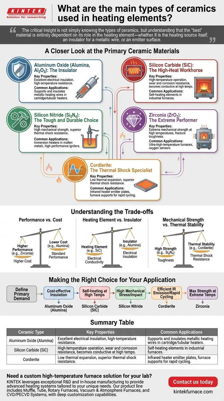 Was sind die Haupttypen von Keramiken, die in Heizelementen verwendet werden? Entdecken Sie ihre einzigartigen Eigenschaften und Anwendungen Visuelle Anleitung