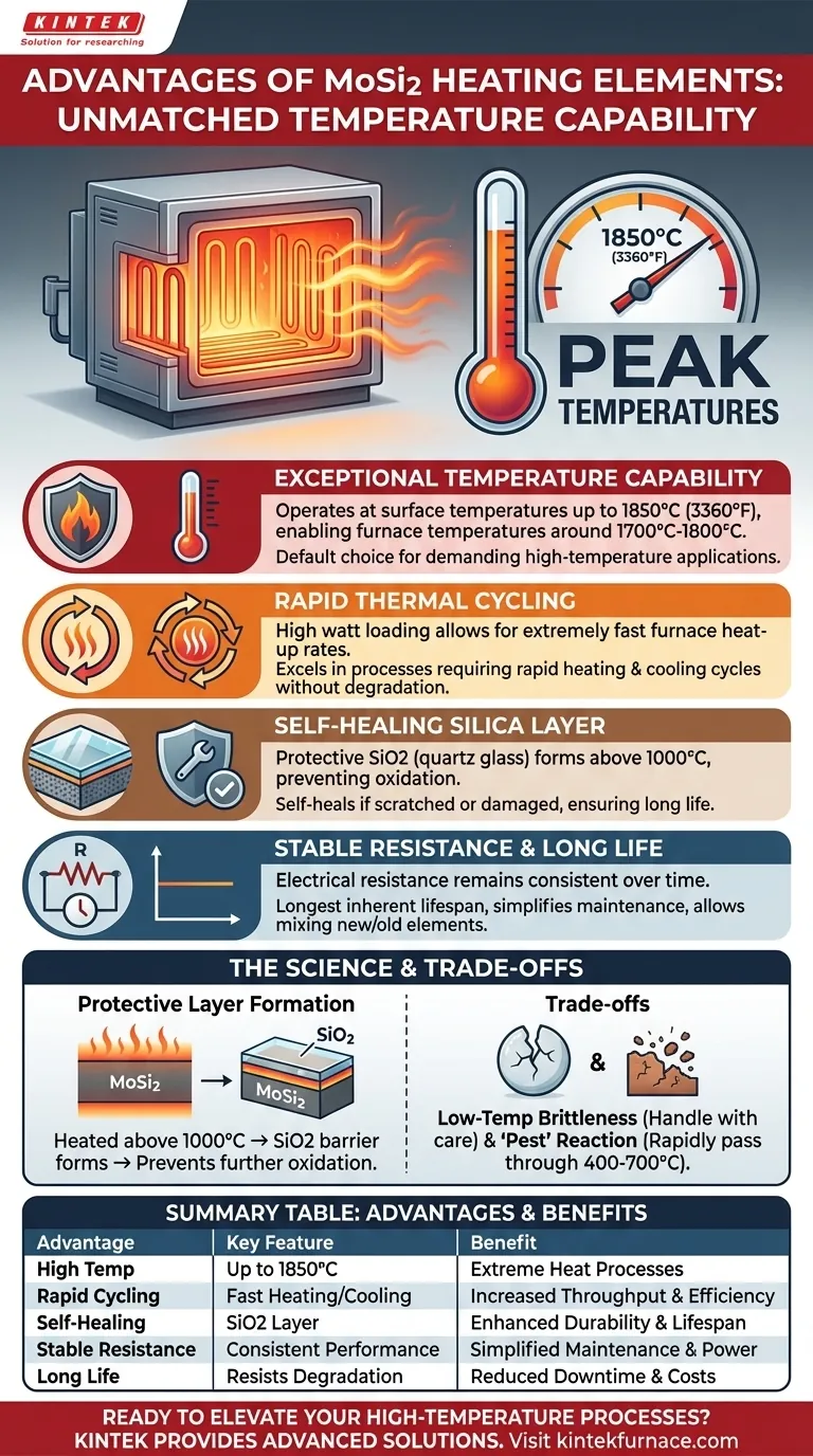 Quais são as vantagens dos elementos de aquecimento de MoSi2 em termos de capacidade de temperatura? Desempenho Inigualável em Altas Temperaturas Guia Visual