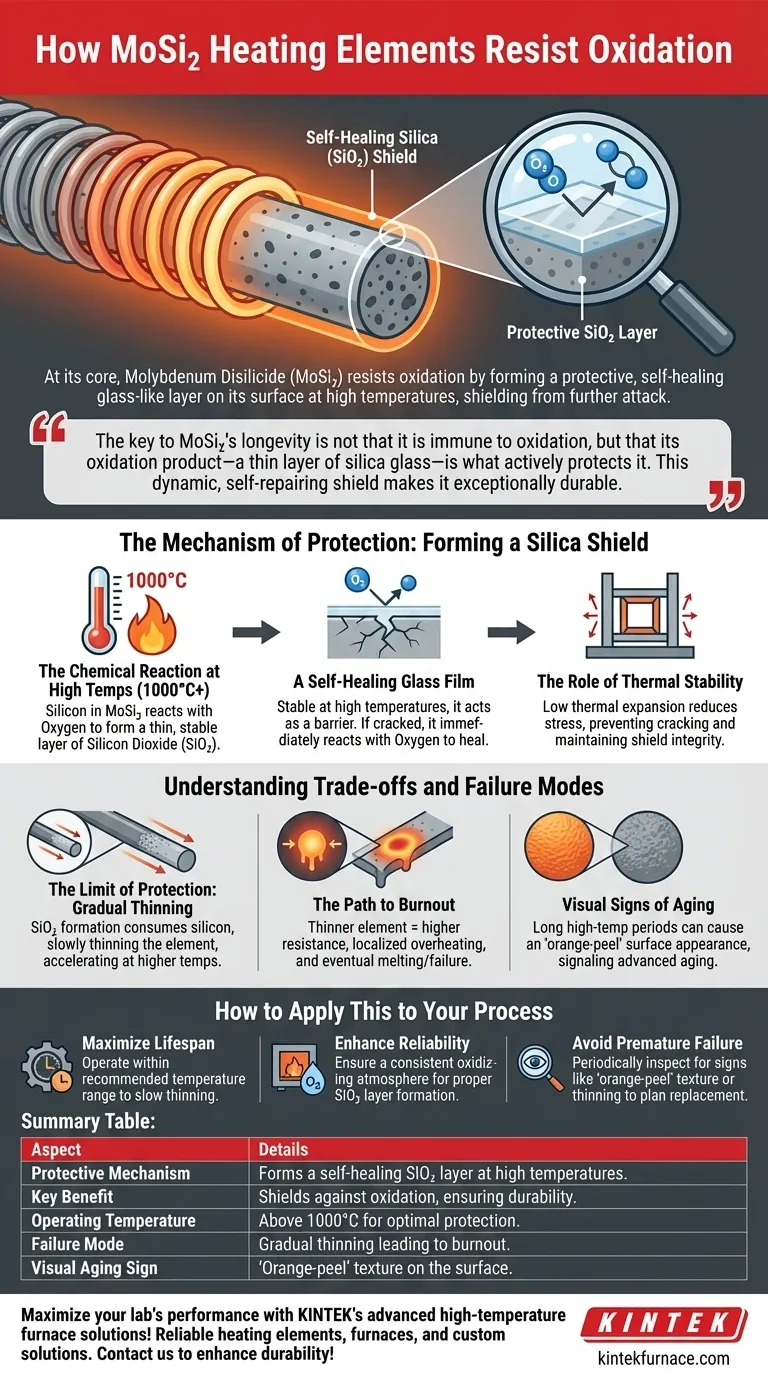 Como os elementos de aquecimento de MoSi2 resistem à oxidação? Descubra o Segredo da Durabilidade em Altas Temperaturas Guia Visual