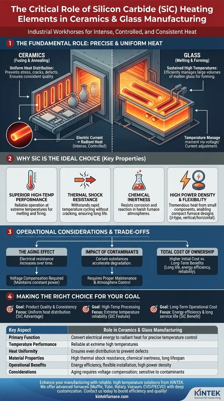 Welche Rolle spielen Siliziumkarbid-Heizelemente in der Keramik- und Glasherstellung? Erzielen Sie überlegene Heizsteuerung und Effizienz Visuelle Anleitung