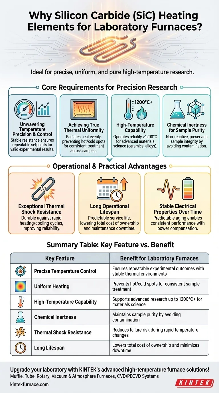 O que torna os elementos de aquecimento de carboneto de silício adequados para fornos de laboratório? Obtenha Calor Preciso e Uniforme para Experimentos Confiáveis Guia Visual