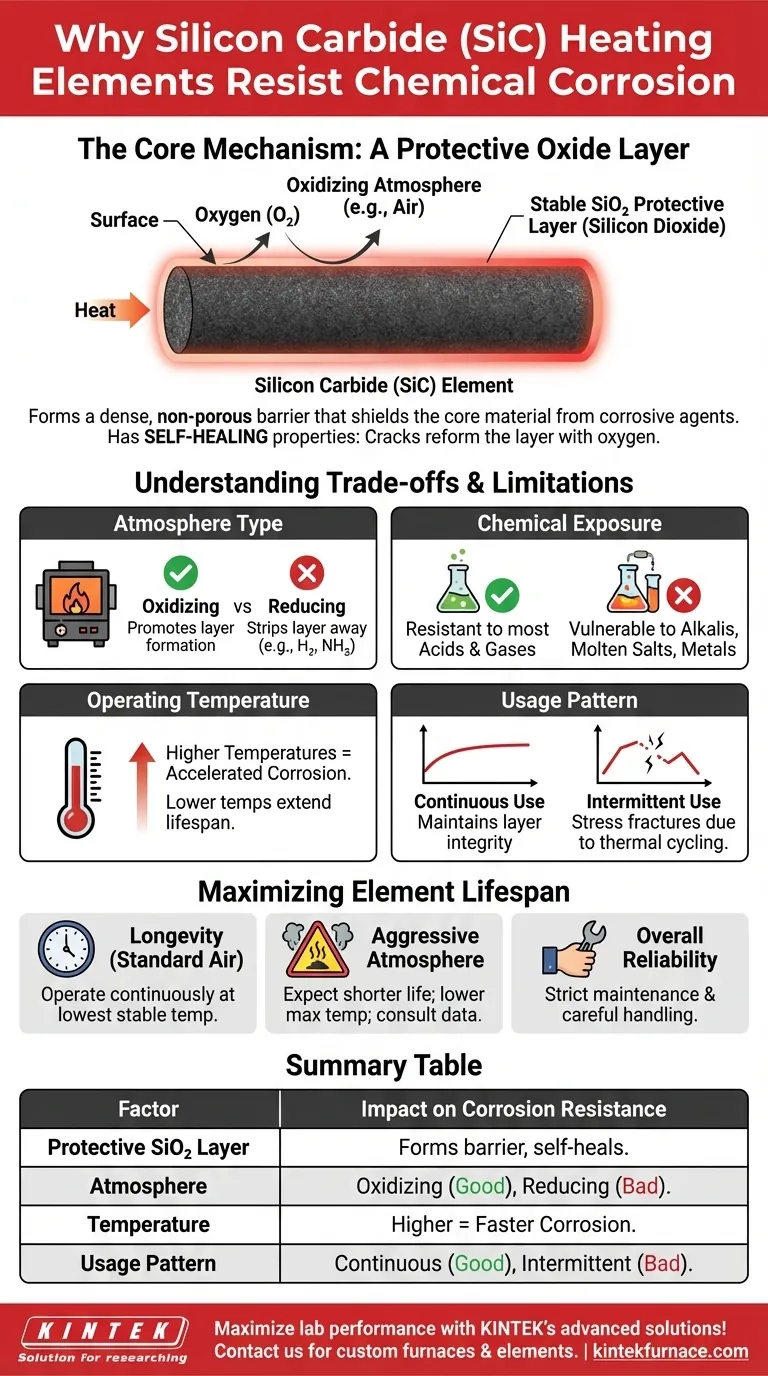 ¿Qué hace que los elementos calefactores de carburo de silicio sean resistentes a la corrosión química? Descubra la capa protectora de óxido Guía Visual