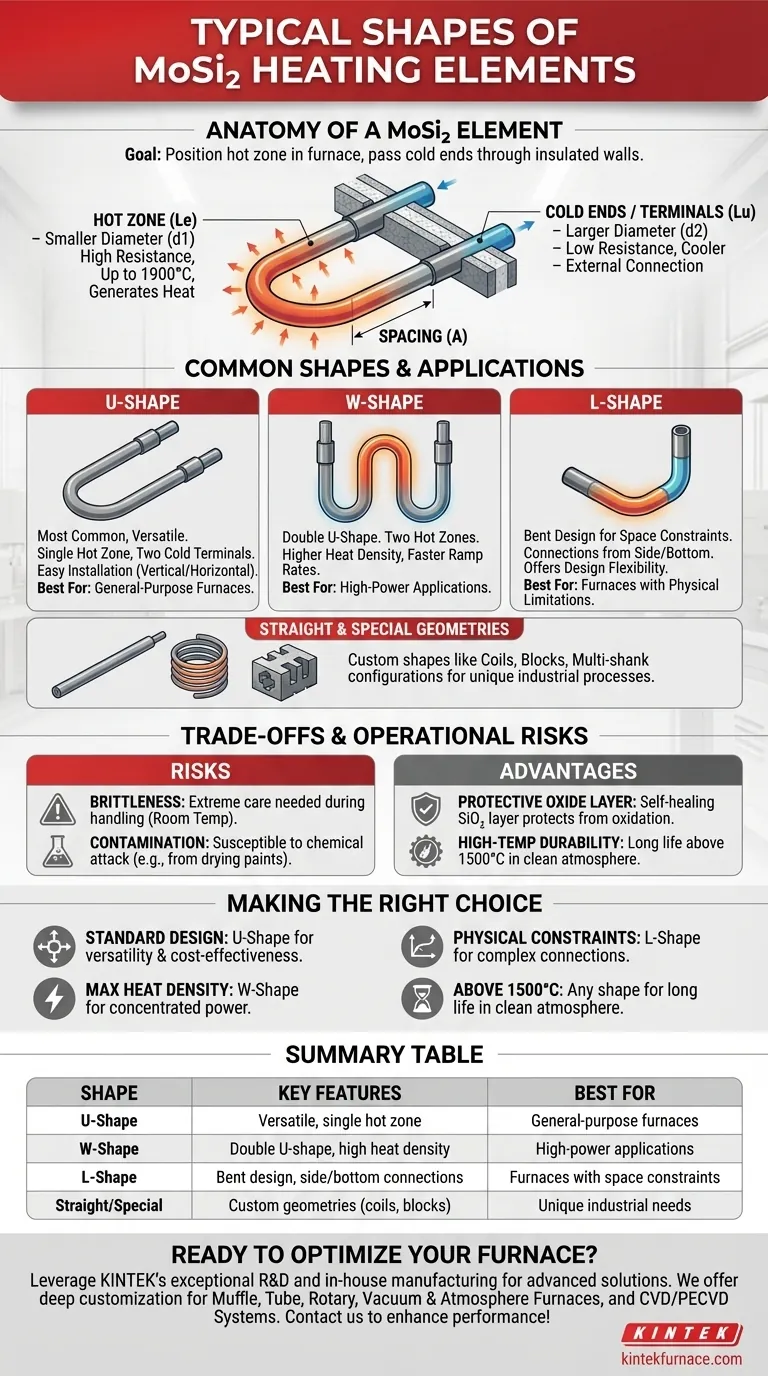 Quais são as formas típicas dos elementos de aquecimento de MoSi2? Explore as formas em U, W e L para um desempenho ideal do forno Guia Visual
