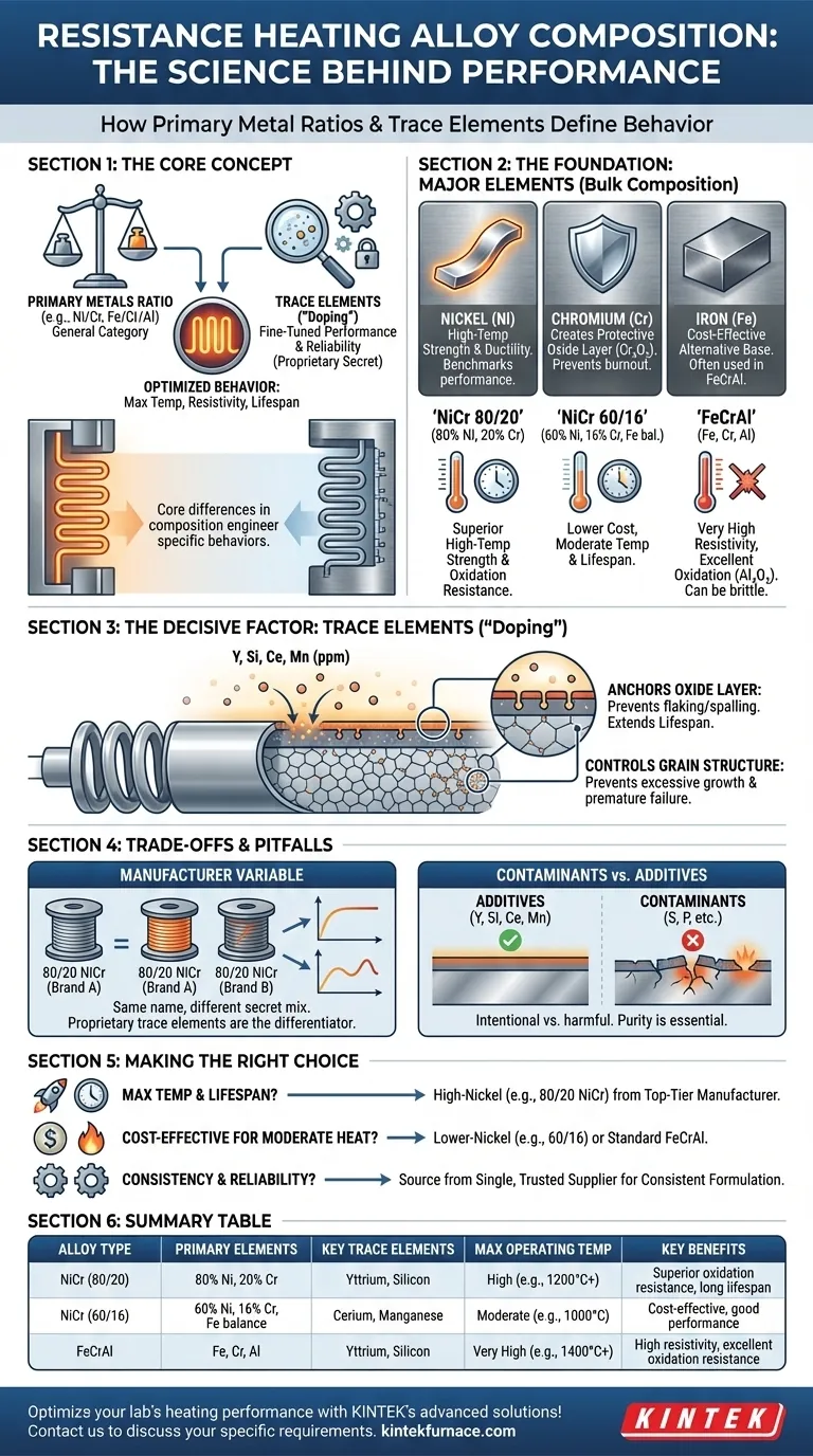In che modo le leghe per riscaldamento a resistenza variano nella composizione? Scopri gli elementi chiave per la durabilità Guida Visiva