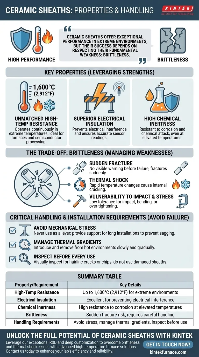 Welche Eigenschaften und Handhabungsanforderungen haben Keramikschutzrohrmaterialien? Meistern Sie Hochtemperatur- und Isolationsherausforderungen Visuelle Anleitung