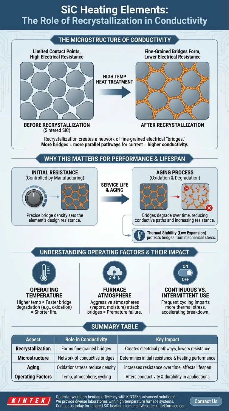Welche Rolle spielt die Rekristallisation für die Leitfähigkeit von Siliziumkarbid-Heizelementen? Entdecken Sie wichtige Leistungseinblicke Visuelle Anleitung