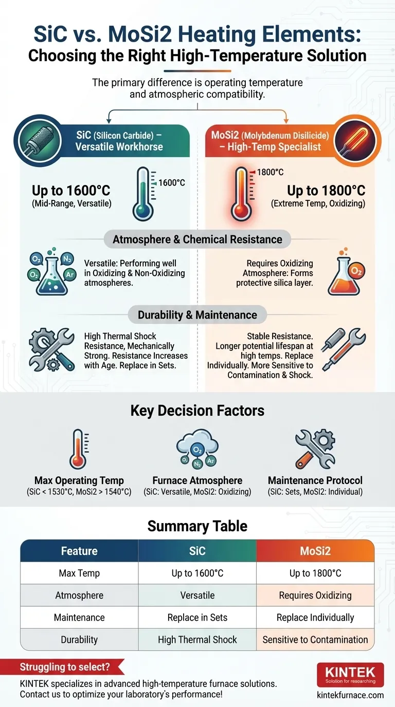 Quais são as principais diferenças entre os elementos de aquecimento de SiC e MoSi2? Escolha o Elemento Certo para Suas Necessidades de Alta Temperatura Guia Visual