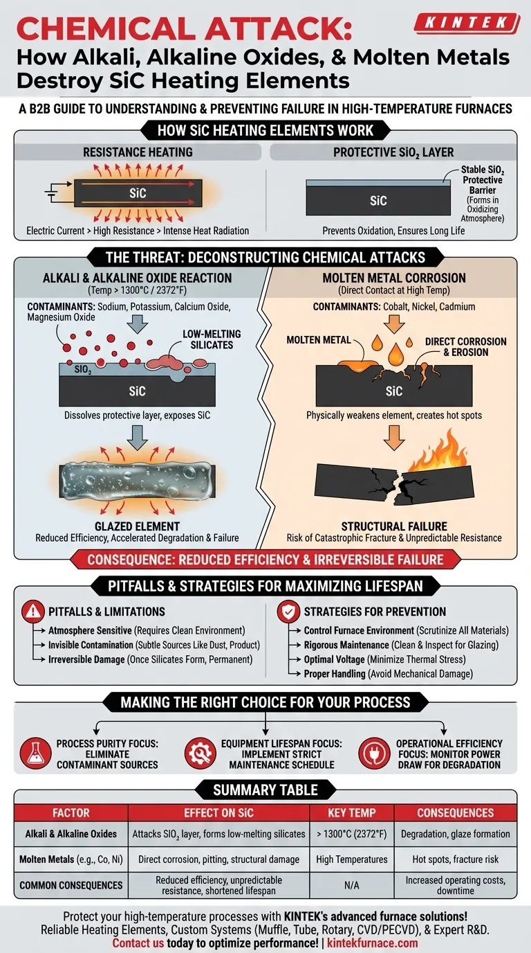 ¿Cómo afectan los álcalis, los óxidos alcalinos y los metales fundidos a los elementos calefactores de carburo de silicio? Prevenga daños para una vida útil prolongada Guía Visual