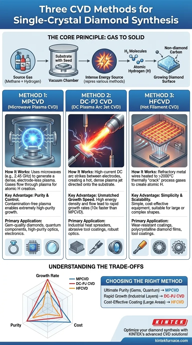Каковы три типа методов CVD для синтеза монокристаллического алмаза? Сравните MPCVD, DC-PJ CVD и HFCVD для вашей лаборатории Визуальное руководство