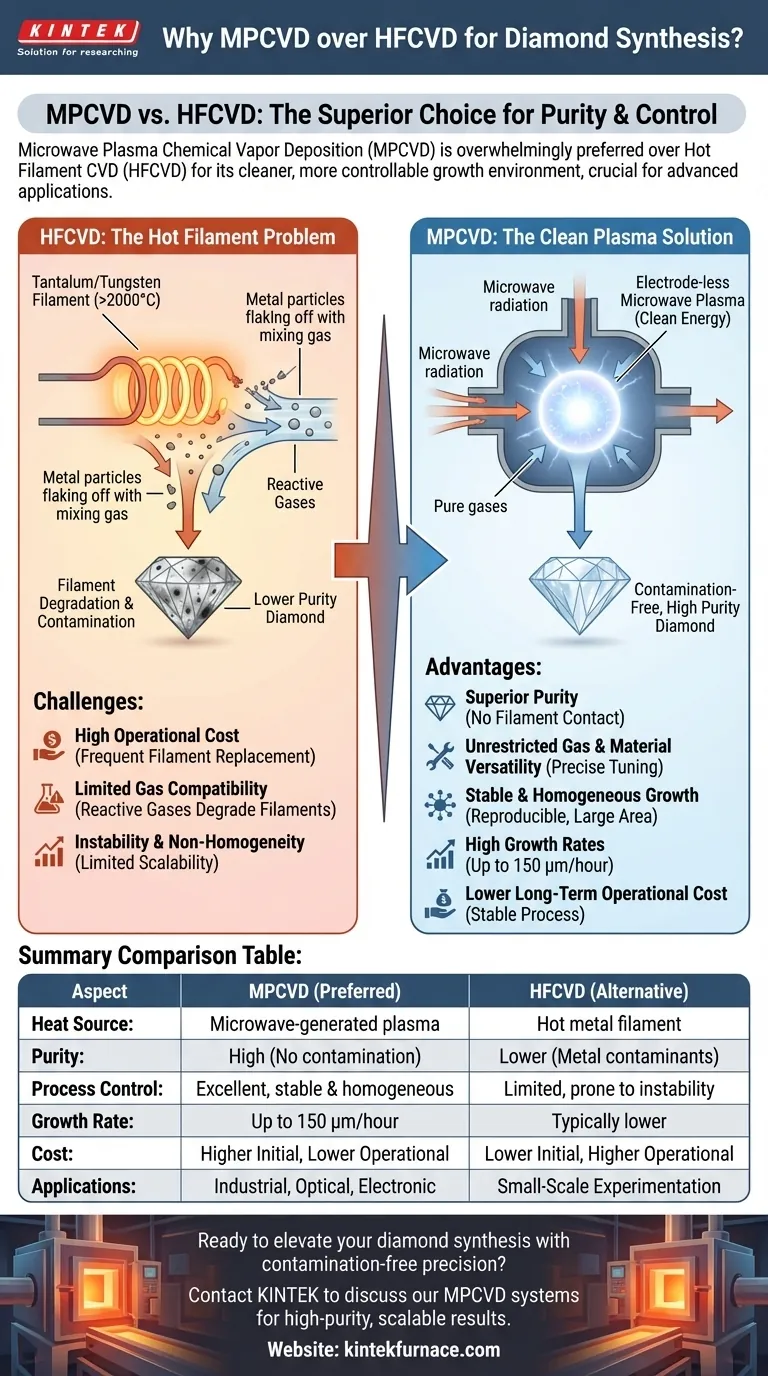 Warum wird die MPCVD-Methode der HFCVD-Methode für die Diamantsynthese vorgezogen? Reinheit und Kontrolle für Hochleistungsdiamanten erreichen Visuelle Anleitung