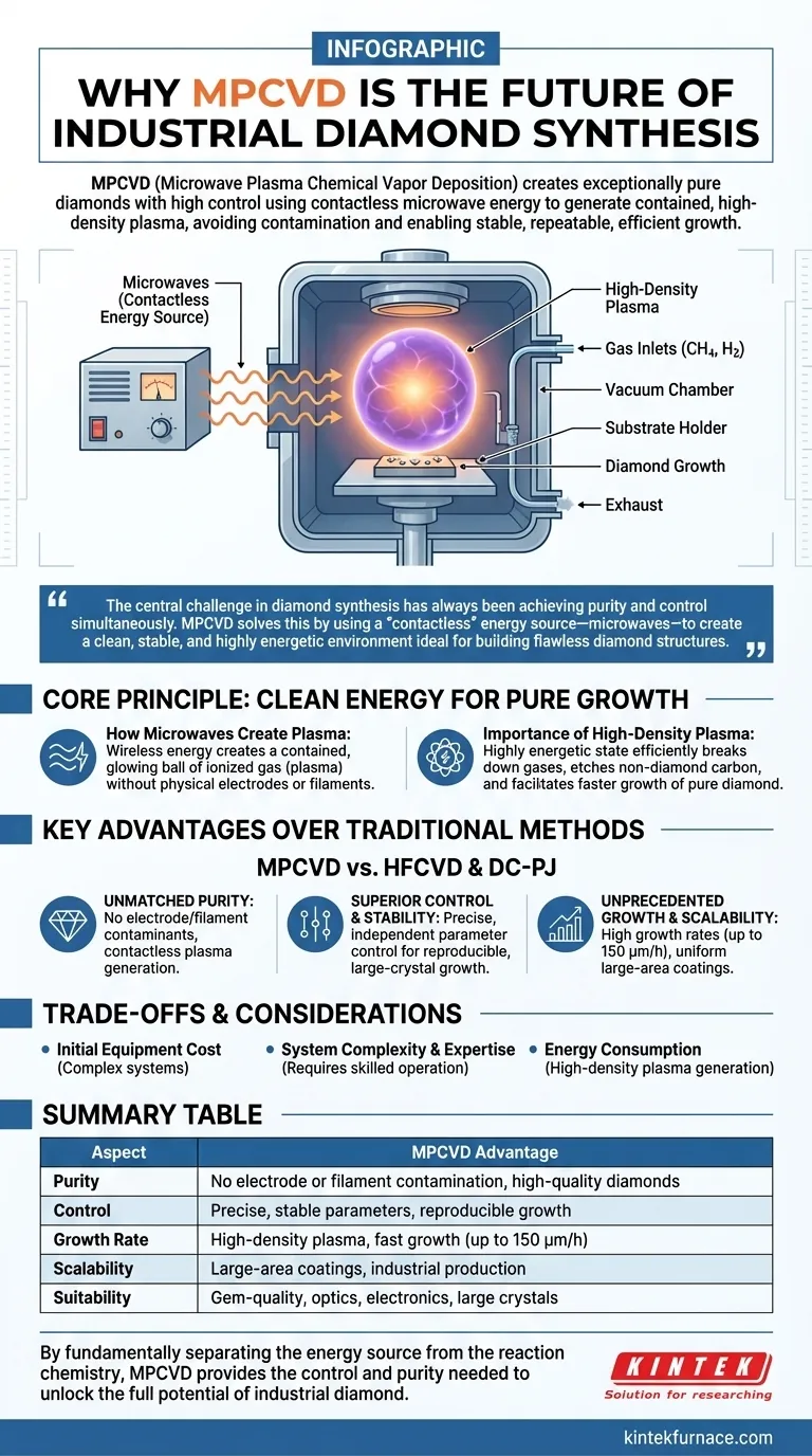 لماذا تعتبر طريقة ترسيب البخار الكيميائي بالبلازما الميكروويفية (MPCVD) هي الأكثر وعدًا لتصنيع الماس الصناعي؟ اكتشف نقاءها الذي لا مثيل له وتحكمها الفائق دليل مرئي