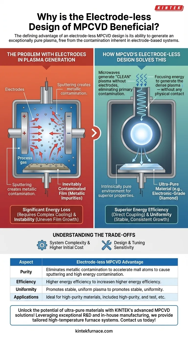 لماذا يعتبر تصميم MPCVD الخالي من الأقطاب الكهربائية مفيدًا؟ تحقيق بلازما فائقة النقاء لجودة فيلم متفوقة دليل مرئي