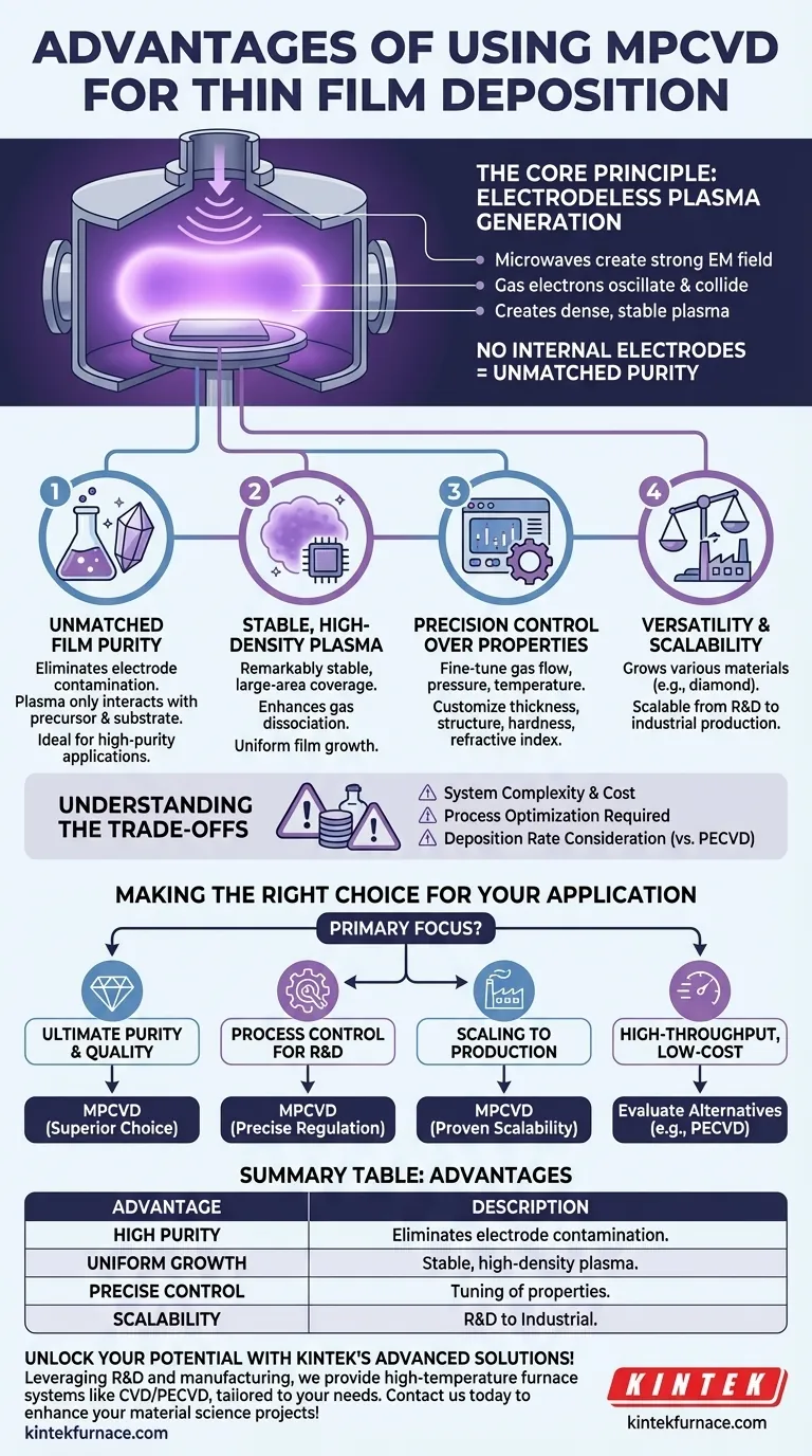 Quels sont les avantages d'utiliser le MPCVD pour le dépôt de couches minces ? Obtenez des films de haute pureté et uniformes avec un contrôle précis Guide Visuel