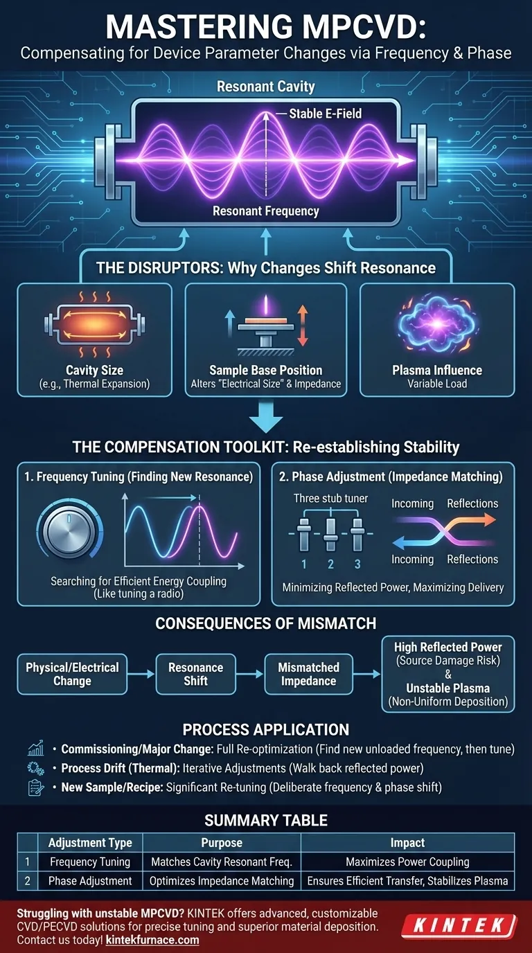 Como os ajustes podem compensar as alterações nos parâmetros do dispositivo MPCVD? Ajuste Mestre de Frequência e Fase para Plasma Estável Guia Visual
