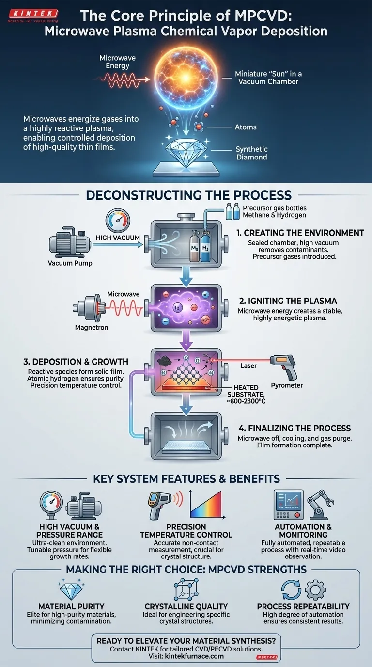 マイクロ波プラズマ化学気相成長（MPCVD）システムの基本的な動作原理は何ですか？高純度材料の成長を解き放つ ビジュアルガイド
