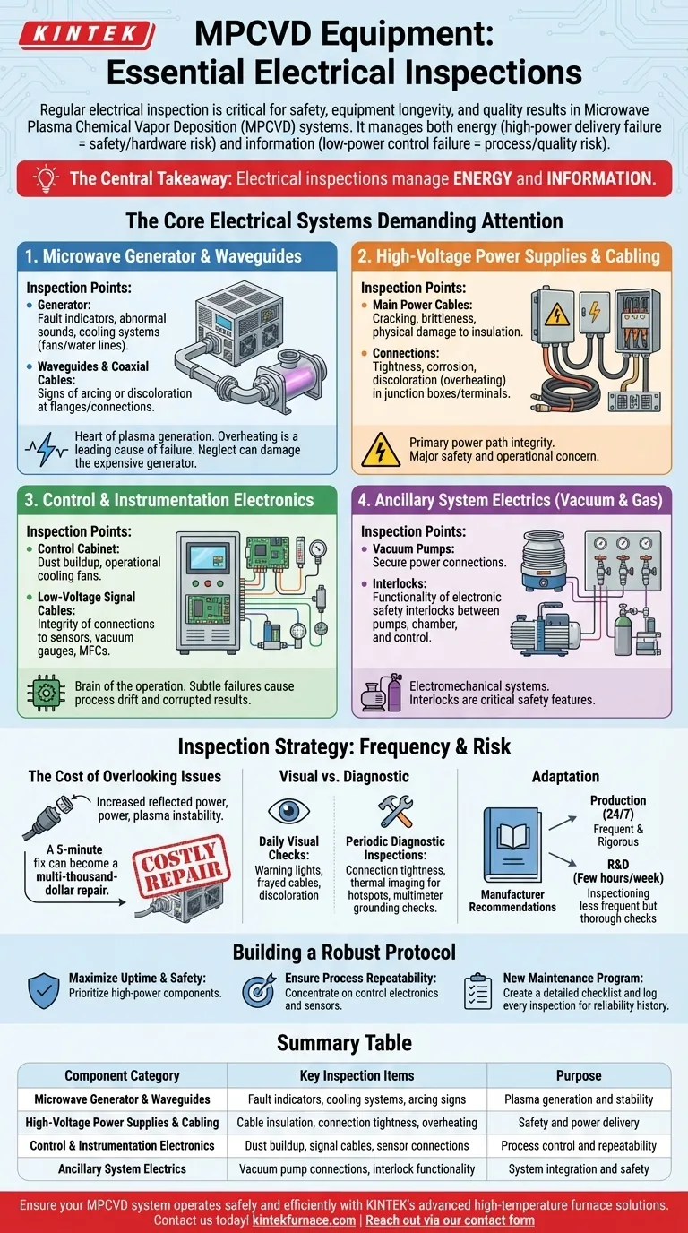 Quais componentes elétricos exigem inspeção regular em equipamentos MPCVD? Garanta a Segurança e Otimize o Desempenho Guia Visual