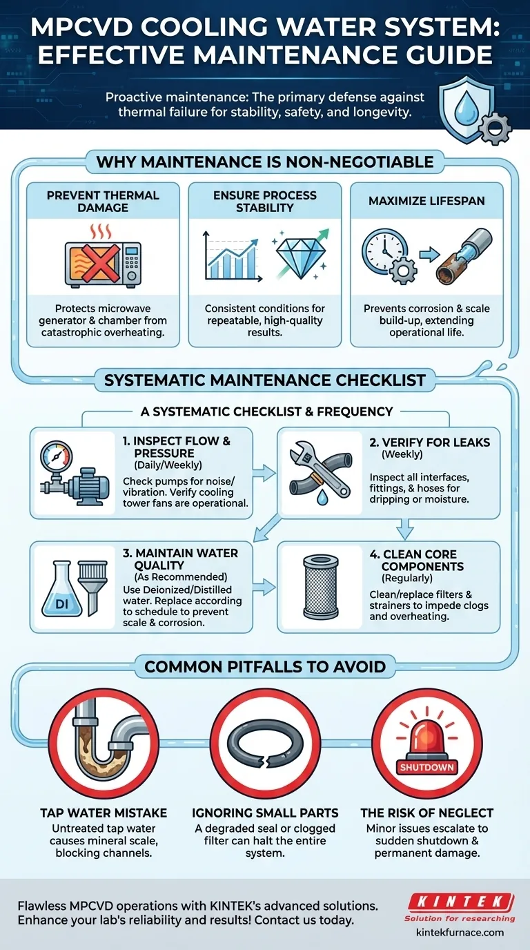 Wie sollte das Kühlwassersystem von MPCVD-Anlagen gewartet werden? Sorgen Sie für Stabilität und Langlebigkeit in Ihrem Labor Visuelle Anleitung