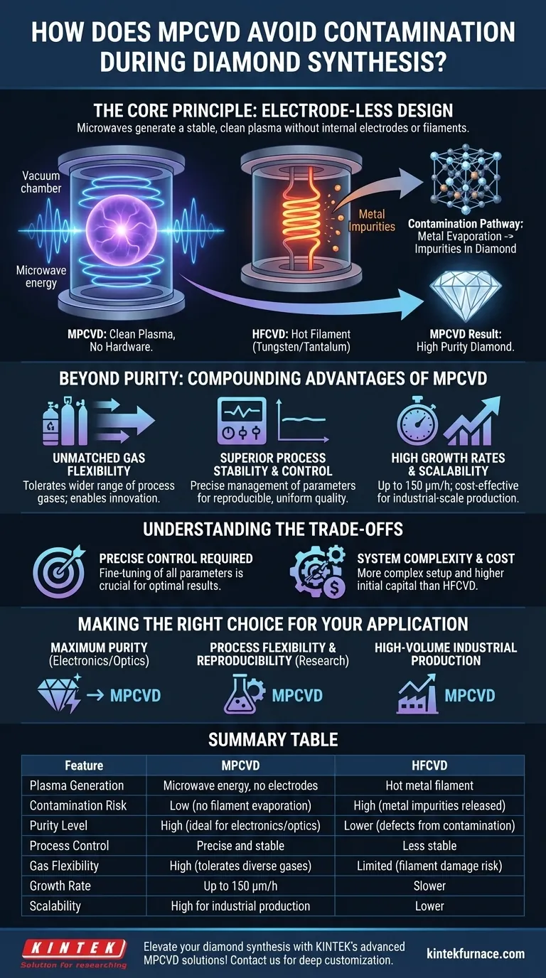 كيف تتجنب تقنية MPCVD التلوث أثناء تصنيع الماس؟ تحقيق نمو ماسي فائق النقاء دليل مرئي