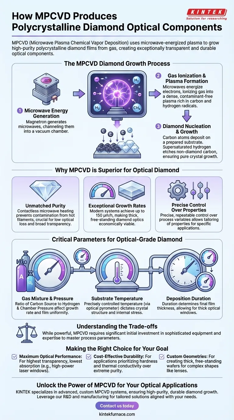 Wie wird MPCVD bei der Herstellung von polykristallinen Diamant-Optikkomponenten eingesetzt? Entdecken Sie hochreines Diamantwachstum für die Optik Visuelle Anleitung