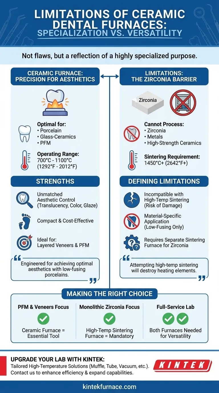 Quais são as limitações dos fornos odontológicos cerâmicos? Especializados para Porcelana, Não para Zircônia Guia Visual