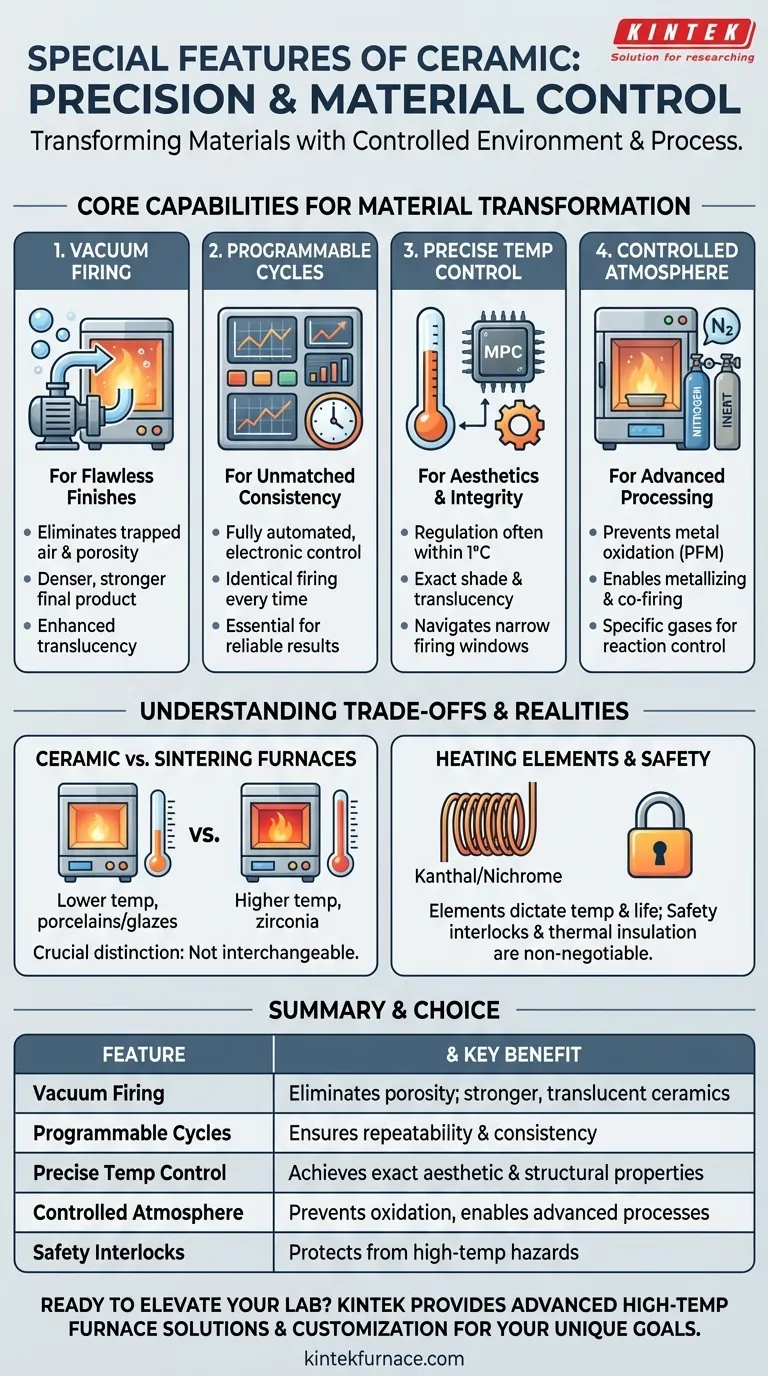 What special features do ceramic furnaces often include? Precision Vacuum & Automated Control for Flawless Results Visual Guide