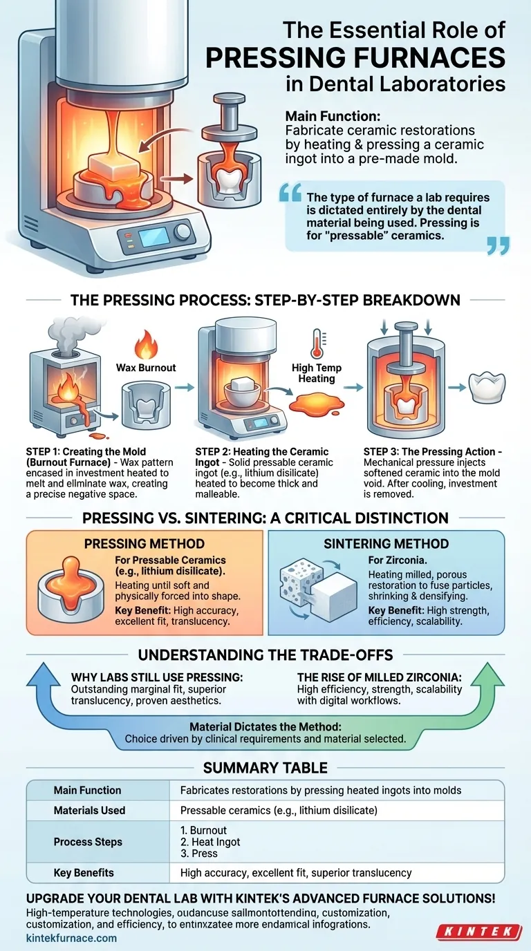 Qual é a principal função dos fornos de prensagem em laboratórios dentários? Fabricar Restaurações Cerâmicas Precisas Guia Visual