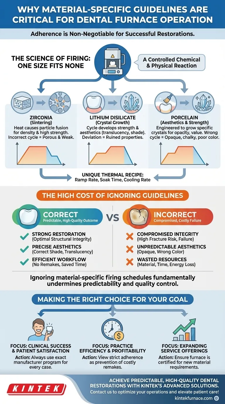 ¿Por qué son importantes las pautas específicas del material en la operación de hornos dentales? Asegure restauraciones fuertes y estéticas en todo momento Guía Visual