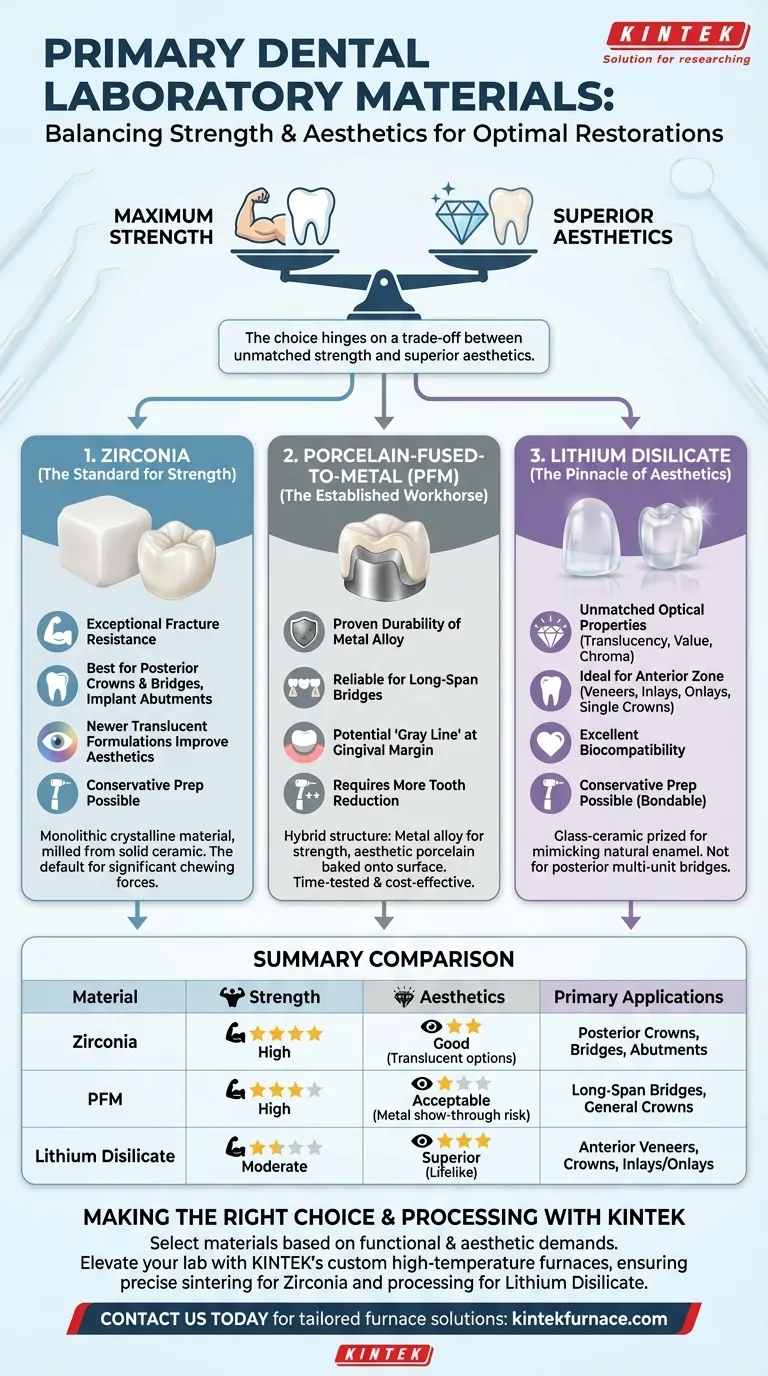What are the three primary materials used in dental laboratories? Discover Zirconia, PFM, and Lithium Disilicate Visual Guide