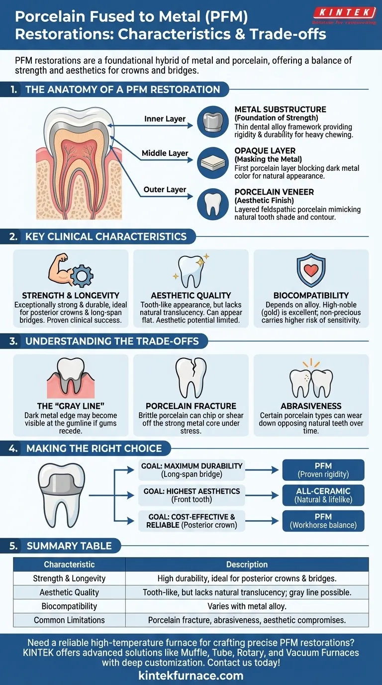 Quais são as características das restaurações de porcelana fundida sobre metal (PFM)? Descubra Seus Pontos Fortes e Compromissos Guia Visual