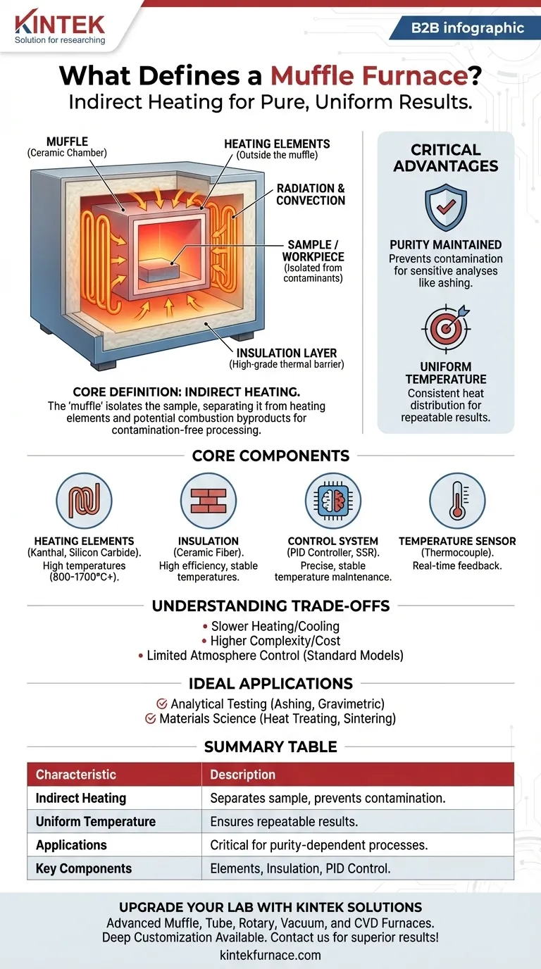 What is the defining characteristic of a muffle furnace? Achieve Pure, Uniform Heating for Your Lab Visual Guide