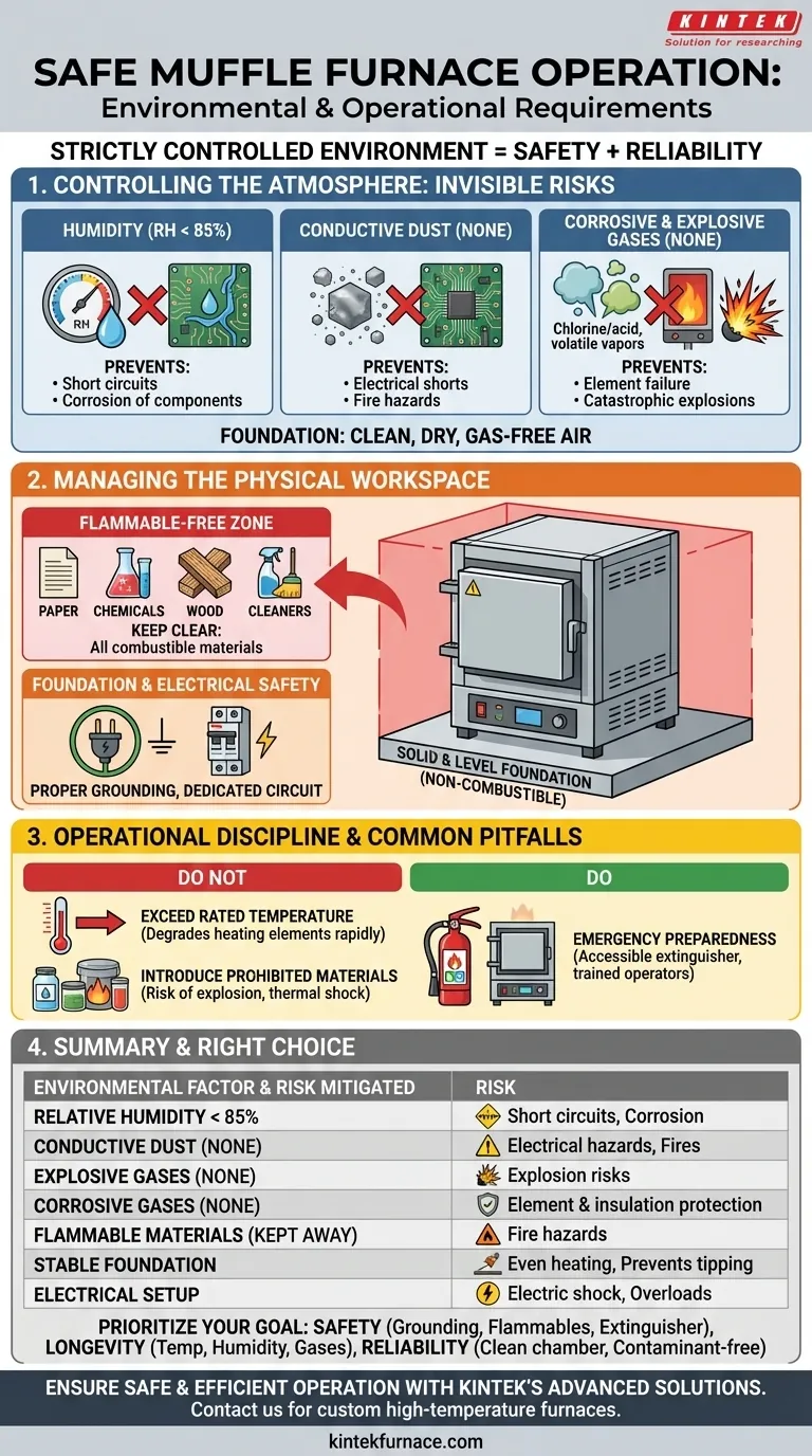 Que condições ambientais são necessárias para a operação segura de um forno mufla? Garanta Segurança e Longevidade no seu Laboratório Guia Visual