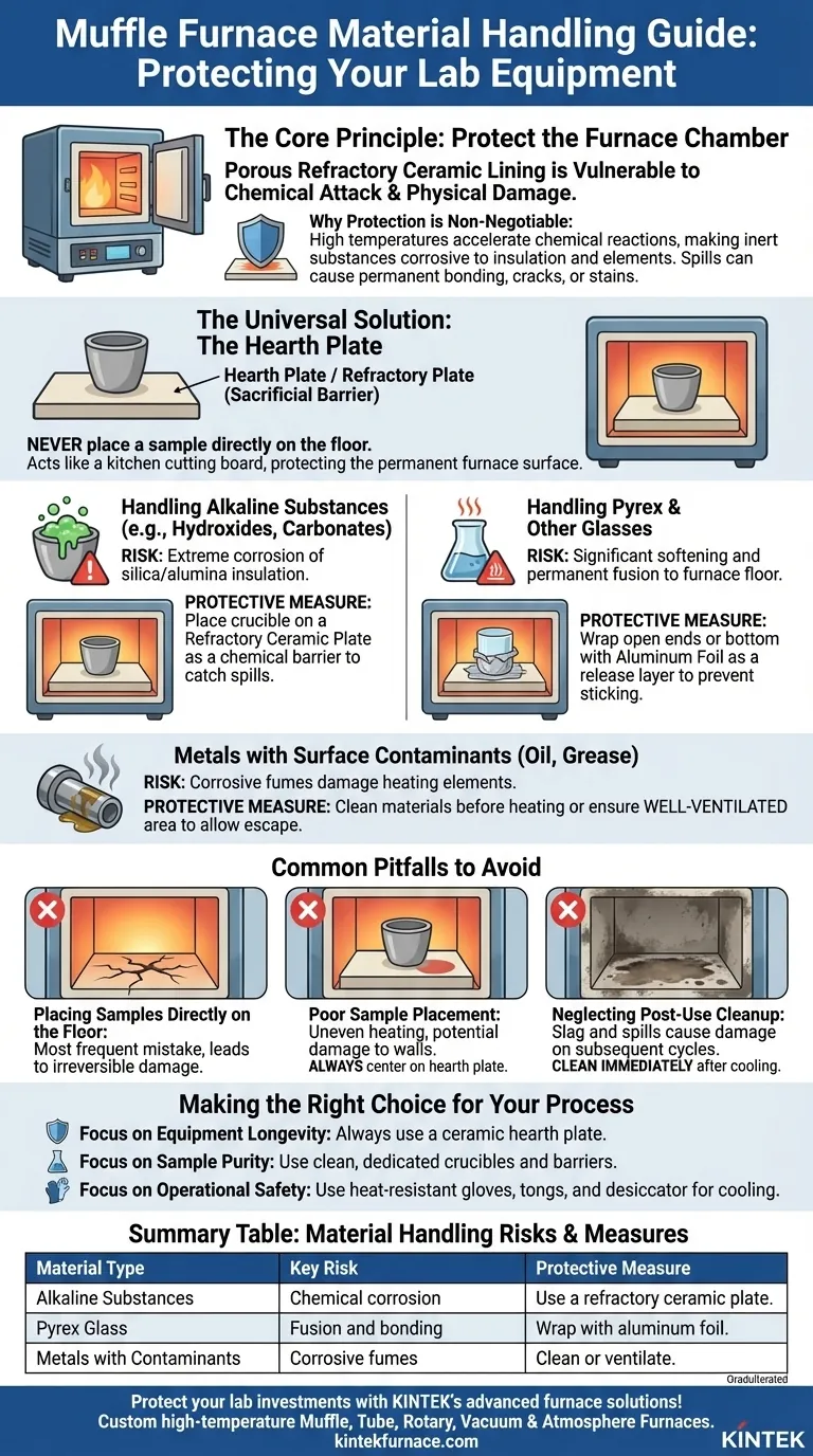 How should materials like alkaline substances or Pyrex glass be handled in the muffle furnace? Ensure Safety and Longevity Visual Guide