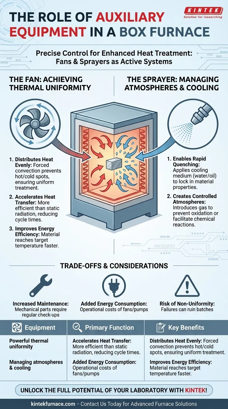 What role do auxiliary equipment like fans and sprayers play in a box furnace? Enhance Precision and Efficiency in Heat Treatment Visual Guide