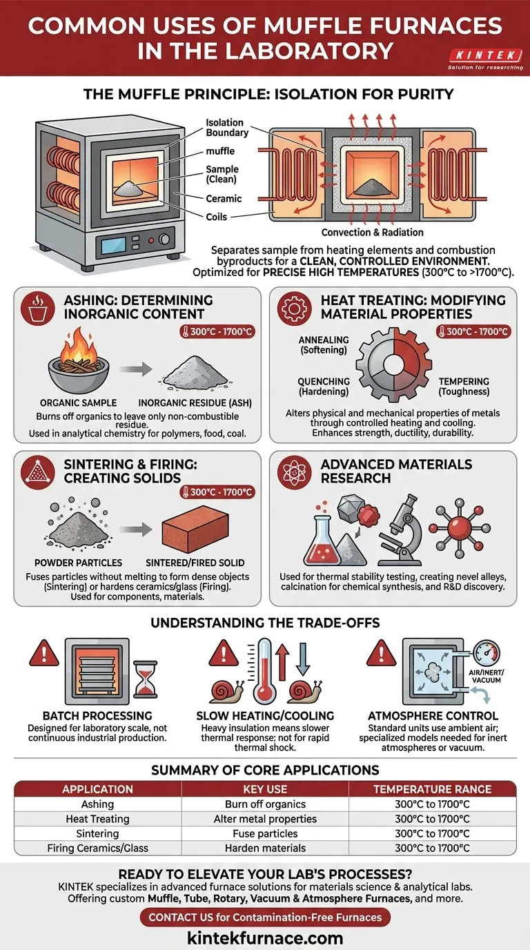 What are the common uses of muffle furnaces in laboratory settings? Essential for Ashing, Heat Treatment, and Sintering Visual Guide