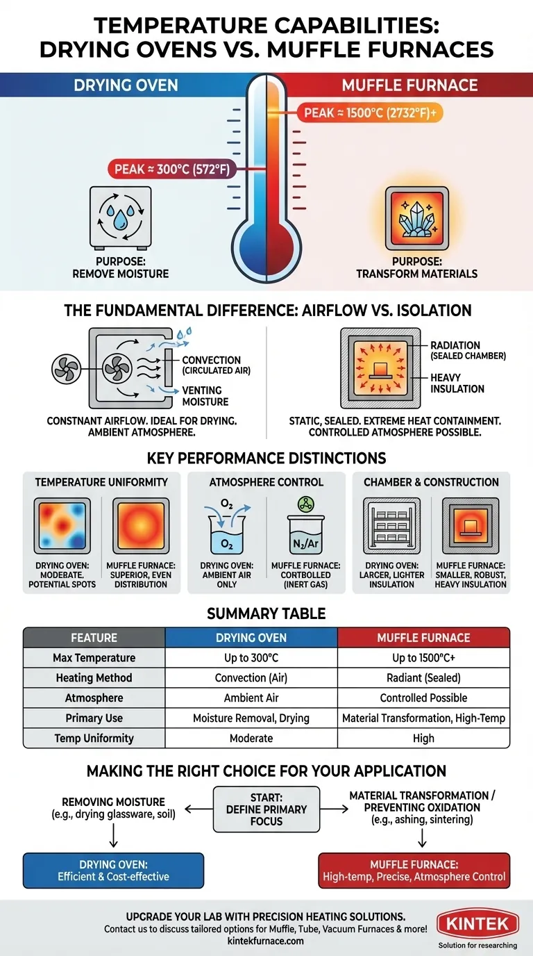¿Cuáles son las capacidades de temperatura de las estufas de secado en comparación con los hornos mufla? Elija la herramienta adecuada para su laboratorio Guía Visual