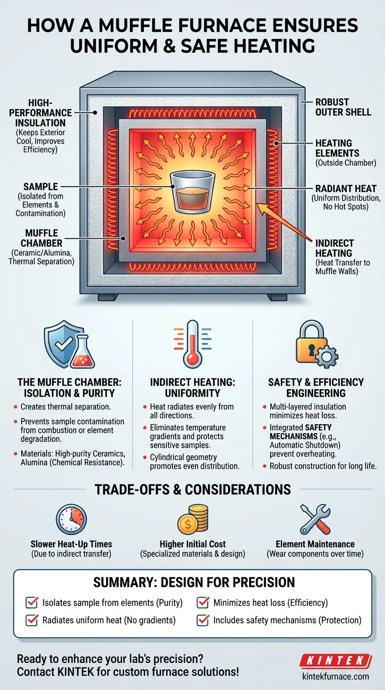In che modo il design di un forno a muffola garantisce un riscaldamento uniforme e sicuro? Scopri precisione e sicurezza nel trattamento termico Guida Visiva