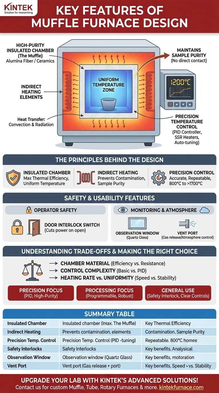 Was sind die Hauptmerkmale des Designs eines Muffelofens? Entdecken Sie präzise Heizung und Sicherheit Visuelle Anleitung