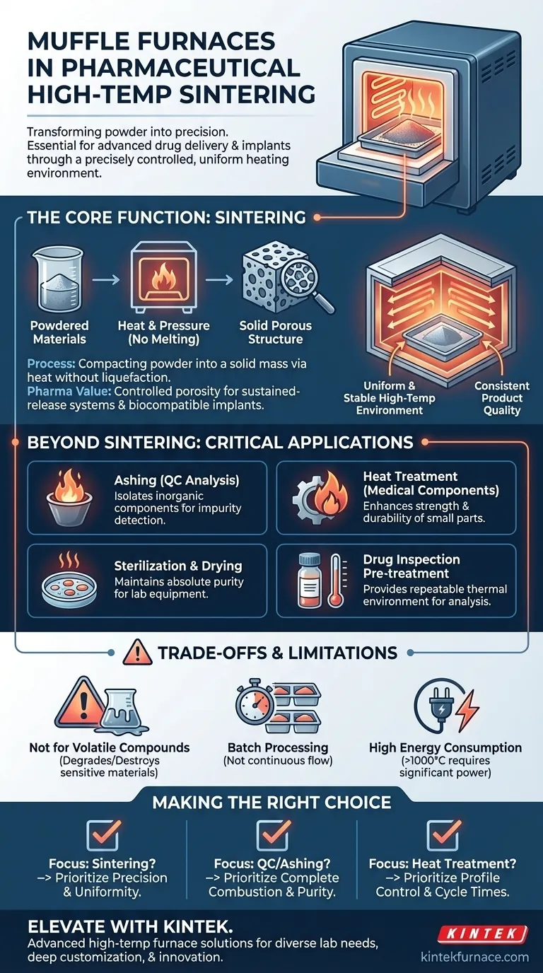 Come vengono utilizzati i forni a muffola nella sinterizzazione ad alta temperatura nel settore farmaceutico? Sblocca la precisione nella somministrazione di farmaci e negli impianti Guida Visiva
