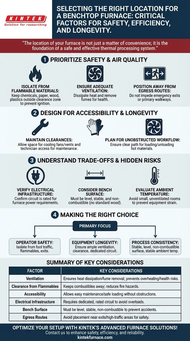 Quais fatores devem ser considerados ao selecionar um local para um forno de bancada? Garanta Segurança e Eficiência no Seu Laboratório Guia Visual