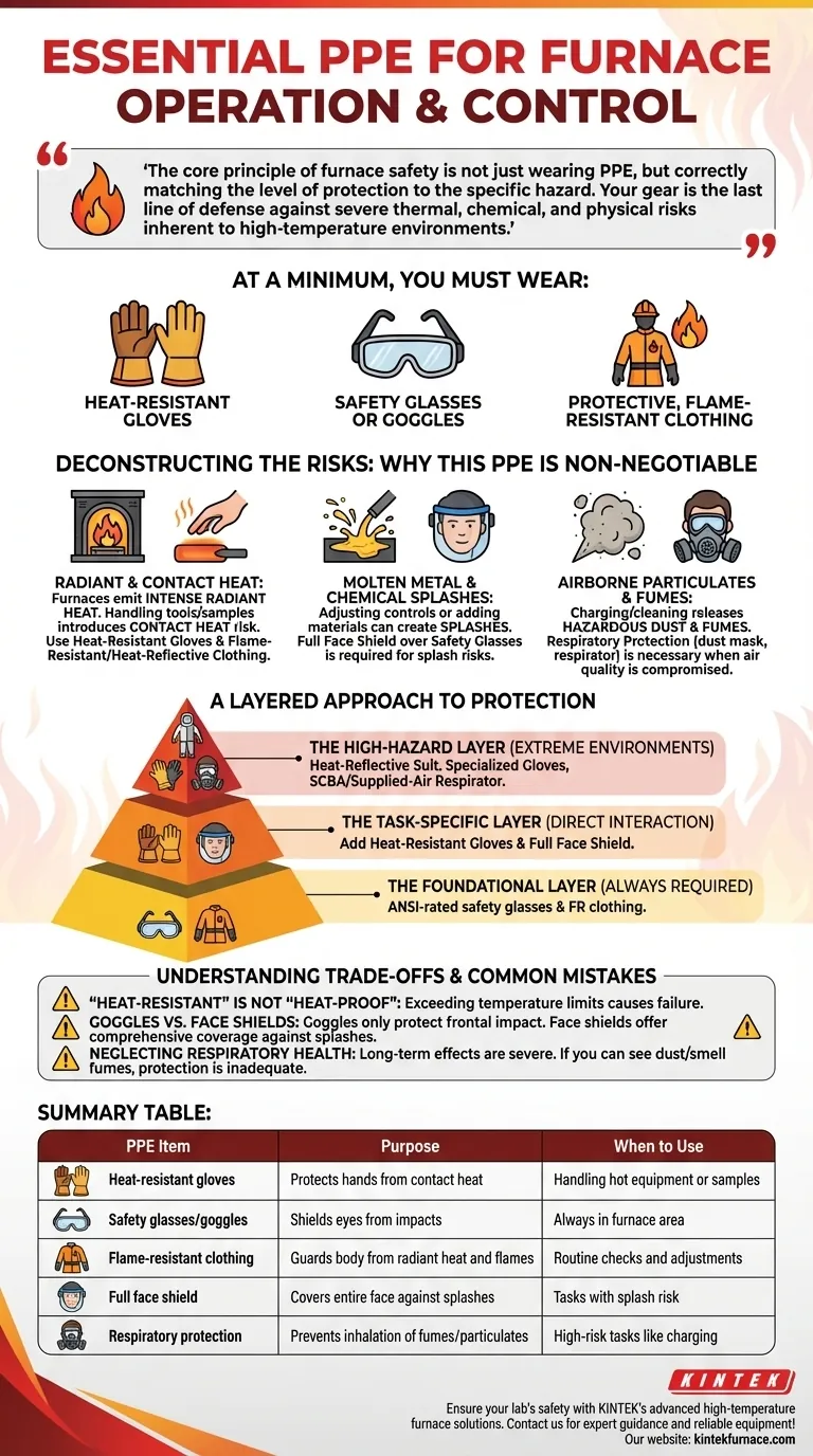 ¿Qué EPP es necesario al ajustar controles o manipular equipos durante el funcionamiento del horno? Equipo de seguridad esencial para tareas de alta temperatura Guía Visual