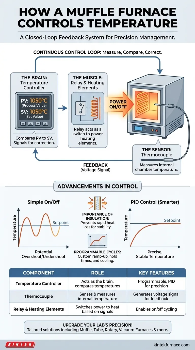 How is the temperature controlled in a muffle furnace? Master Precise Heating for Your Lab Visual Guide
