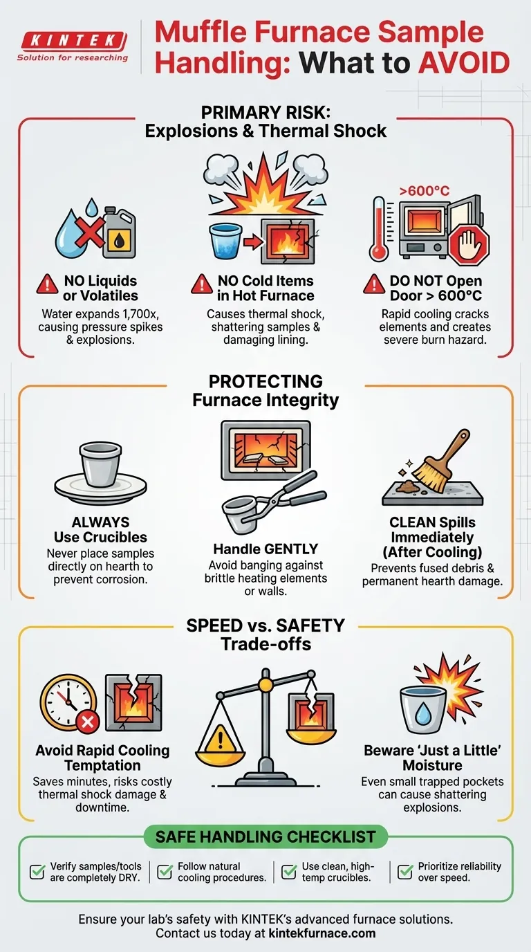 O que deve ser evitado ao manusear amostras em um forno mufla? Evite explosões e danos Guia Visual