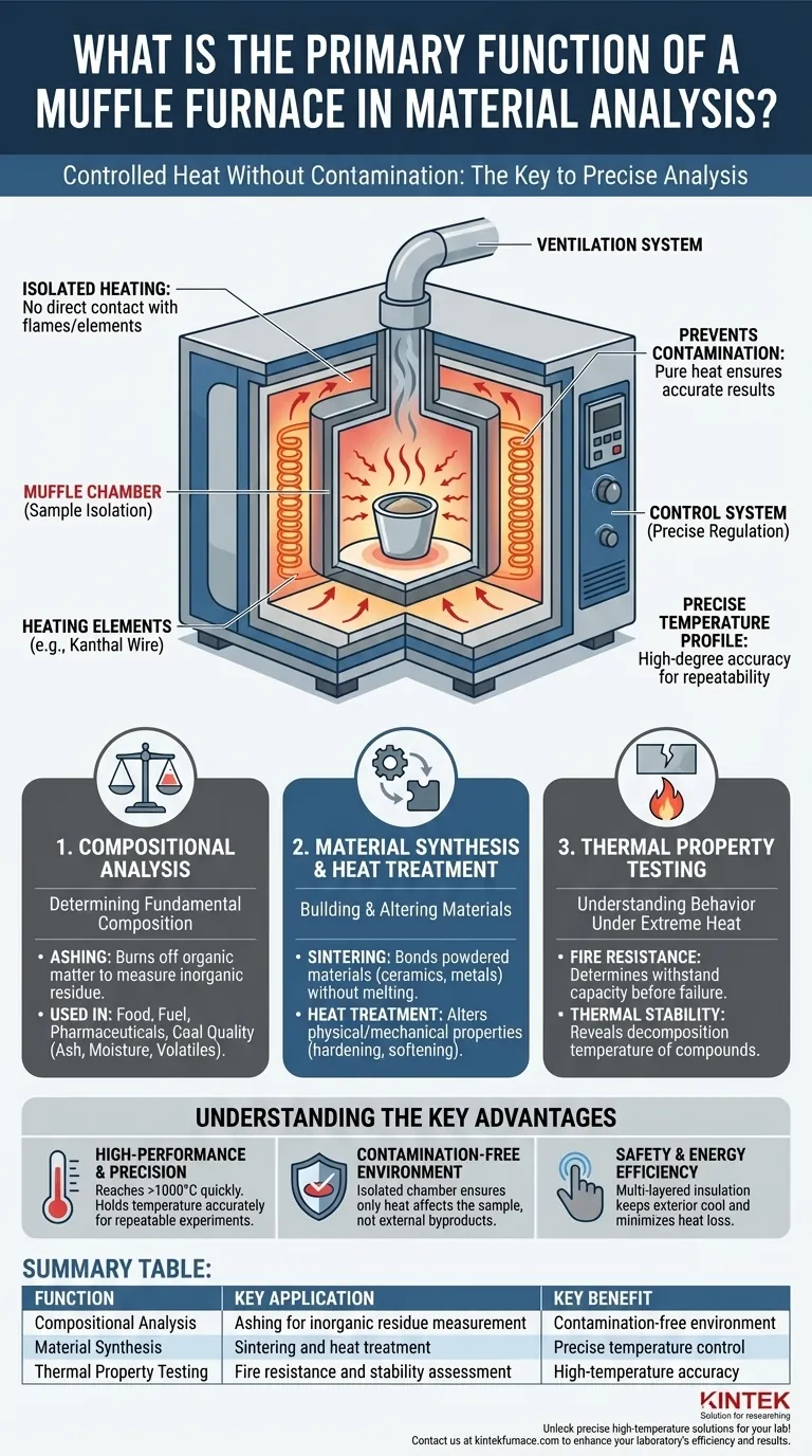 Qual é uma das funções primárias de um forno mufla na análise de materiais? Descubra o seu papel na determinação precisa do teor de cinzas Guia Visual