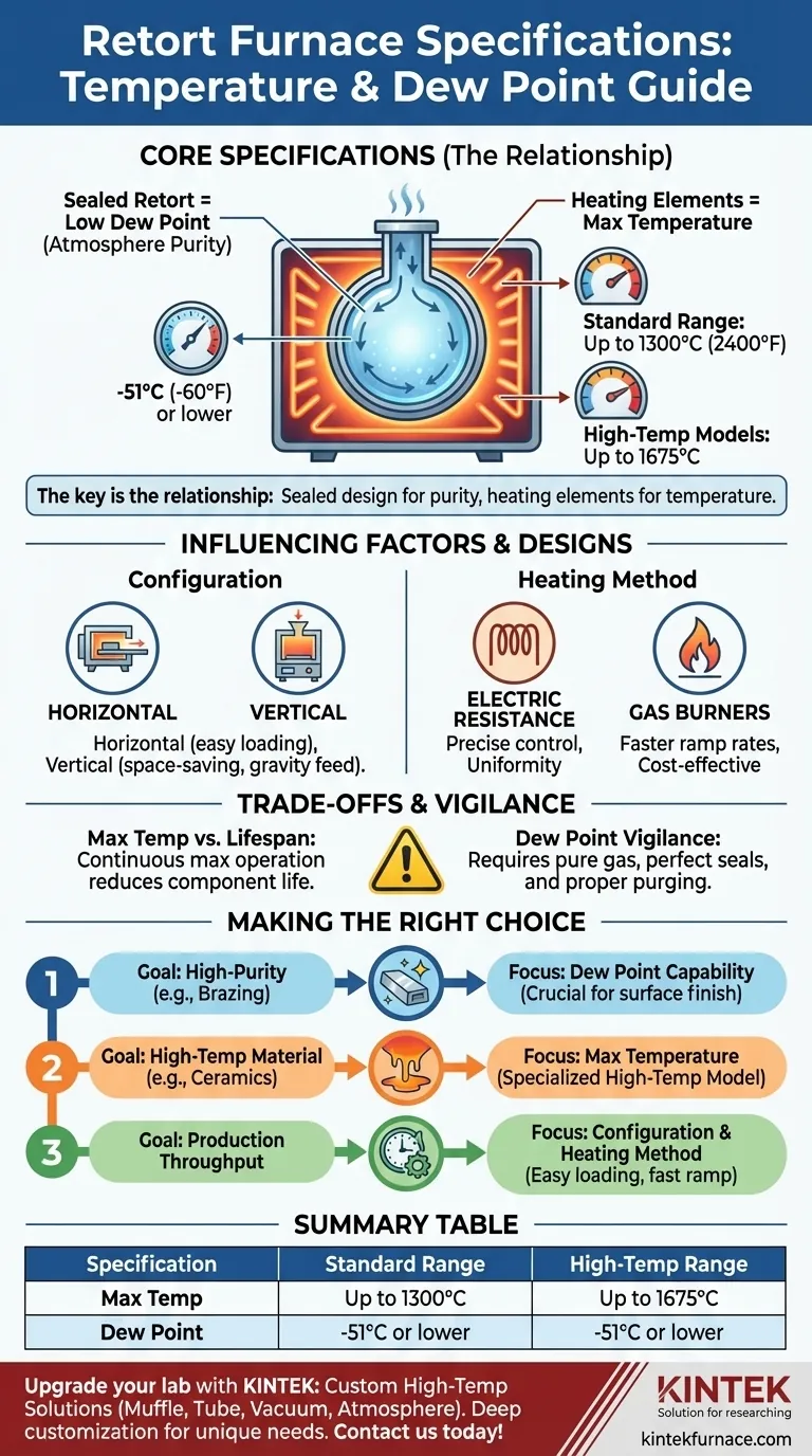 Quais são as especificações de temperatura máxima e ponto de orvalho para fornos de retorta? Especificações Chave para Processamento de Alta Pureza Guia Visual