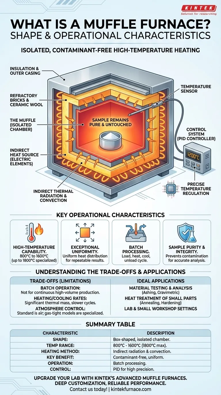 What is the general shape and operational characteristic of a muffle furnace? Discover Its Key Features for Pure Heating Visual Guide