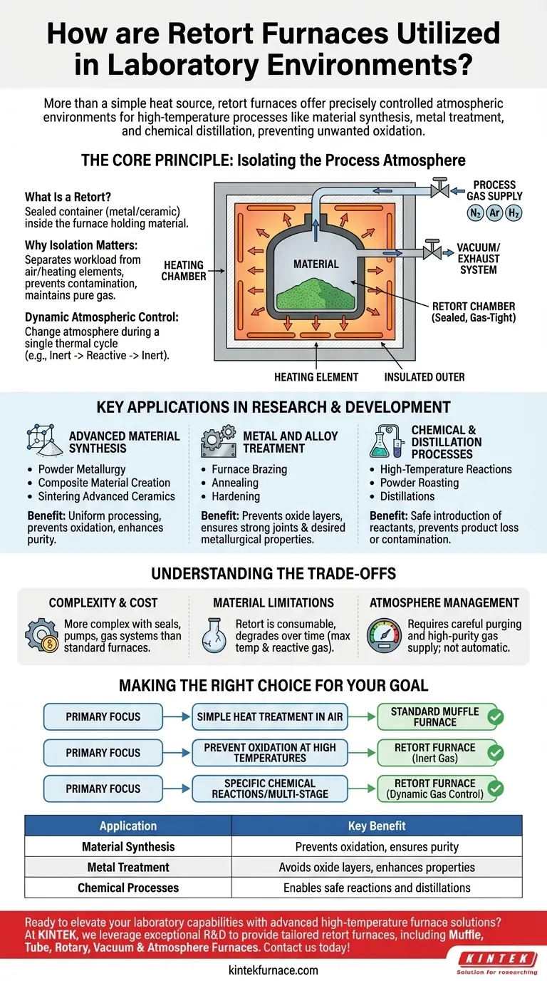 Como os fornos de retorta são utilizados em ambientes de laboratório? Desbloqueie o Controle Atmosférico Preciso para Pesquisas Avançadas Guia Visual