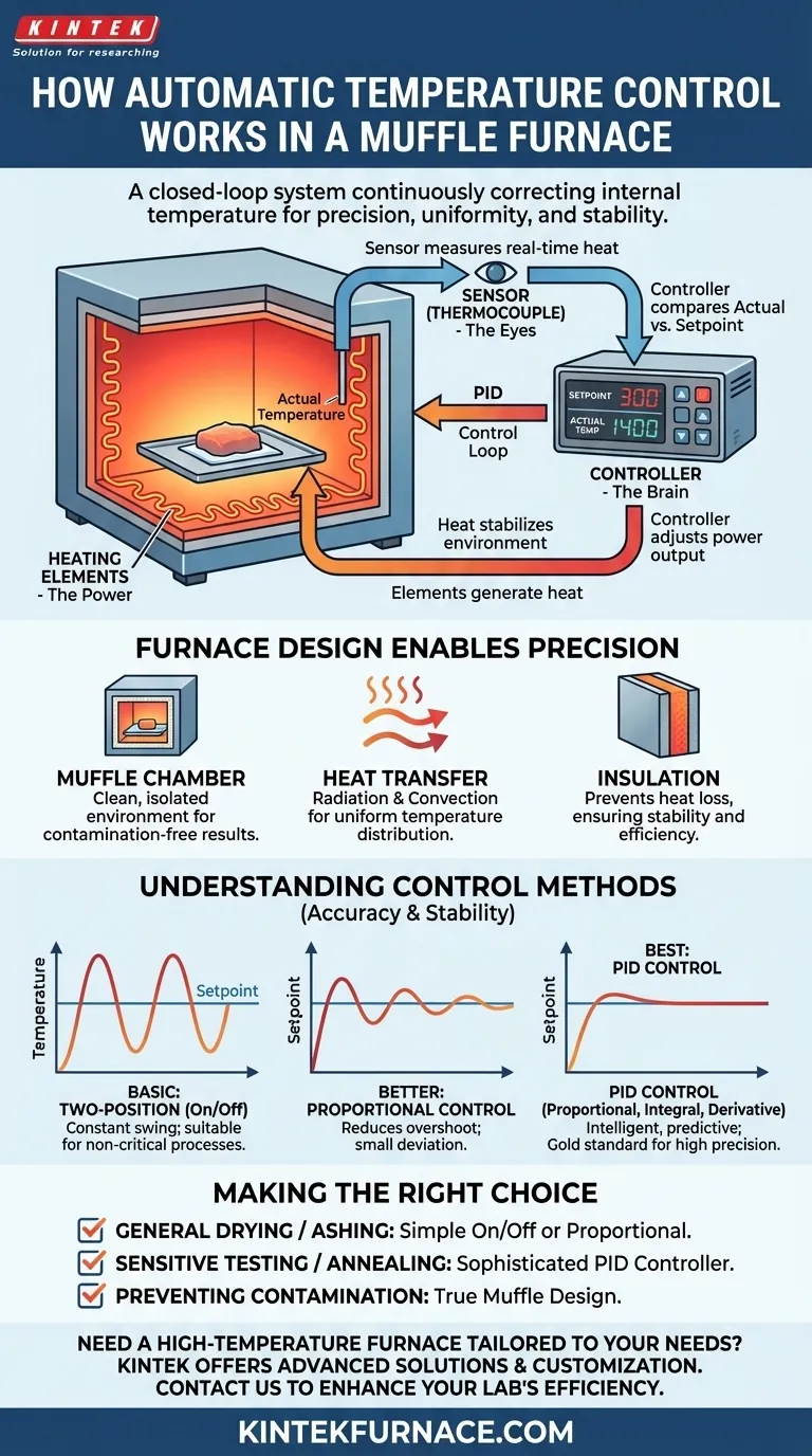 How does automatic temperature control work in a muffle furnace? Ensure Precision and Stability for Your Lab Visual Guide
