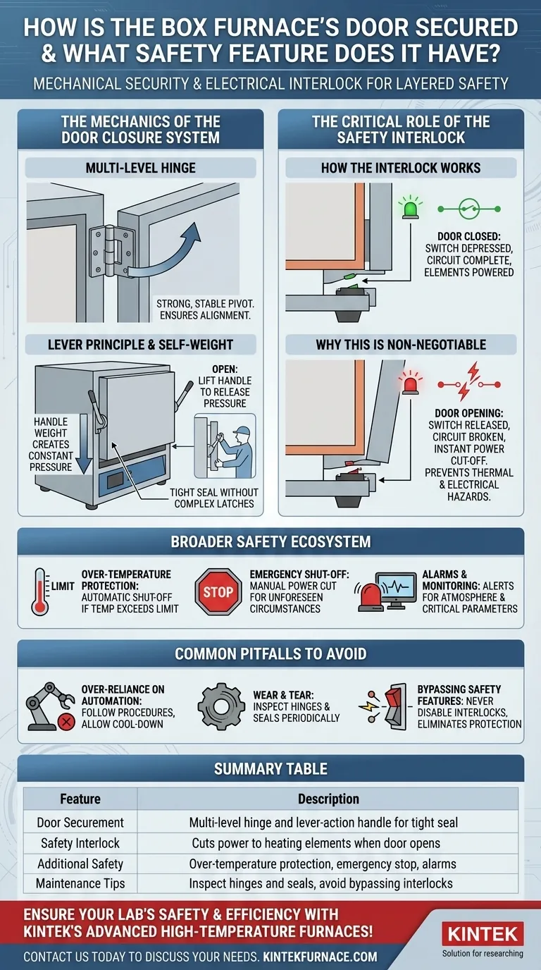 How is the box furnace's door secured and what safety feature does it have? Ensuring Safe Operation with Robust Design Visual Guide