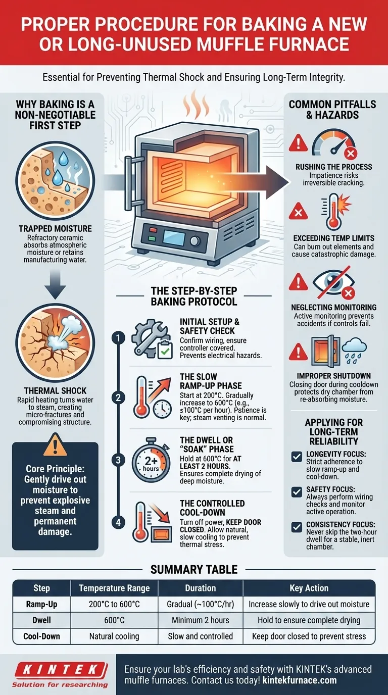 What is the proper procedure for baking a new or long-unused muffle furnace? Ensure Longevity and Safety with Expert Tips Visual Guide